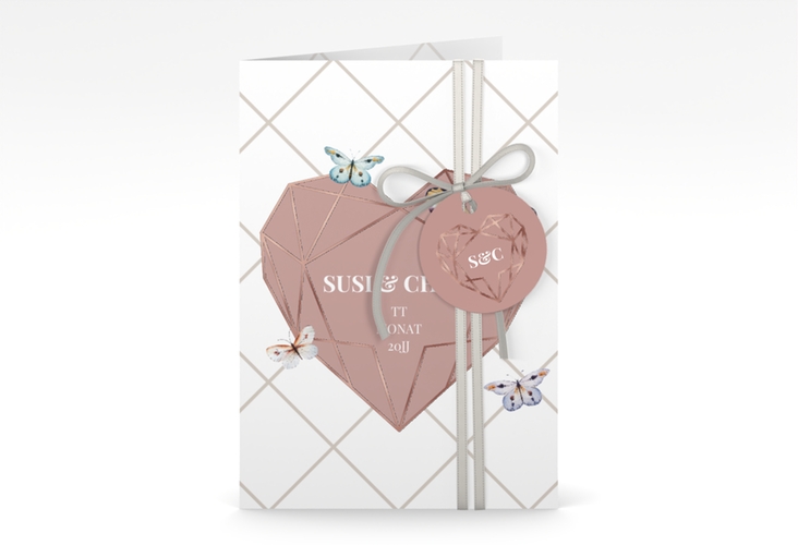 Einladungskarte Hochzeit Butterfly A6 Klappkarte hoch weiss rosegold mit Schmetterlingen und Herz im Geometric Design