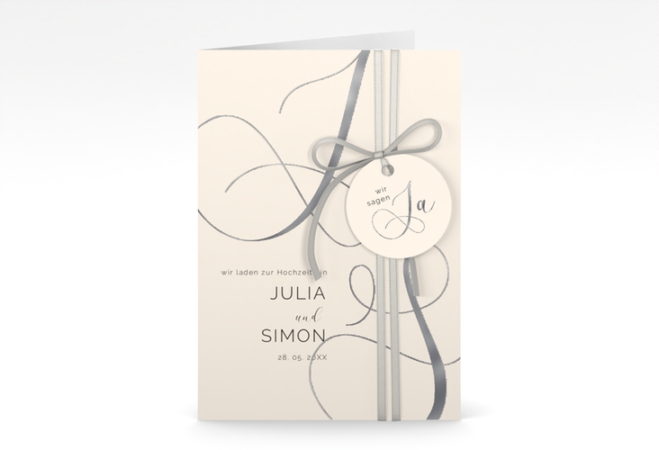 Hochzeitseinladung Eheschließung A6 Klappkarte hoch beige silber mit Gräsern und Trockenblumen für Boho-Hochzeit