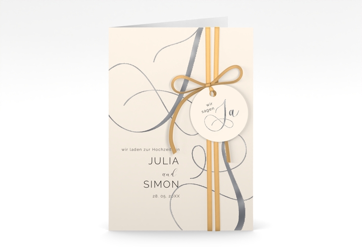 Hochzeitseinladung Eheschließung A6 Klappkarte hoch beige silber mit Gräsern und Trockenblumen für Boho-Hochzeit