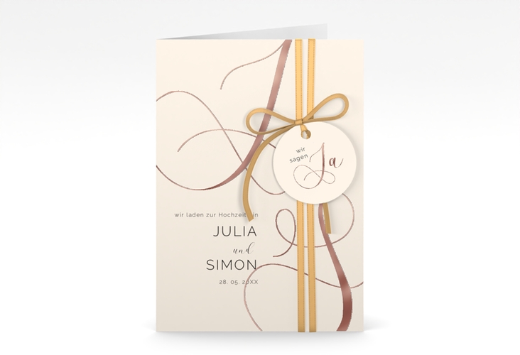 Hochzeitseinladung Eheschließung A6 Klappkarte hoch beige rosegold mit Gräsern und Trockenblumen für Boho-Hochzeit