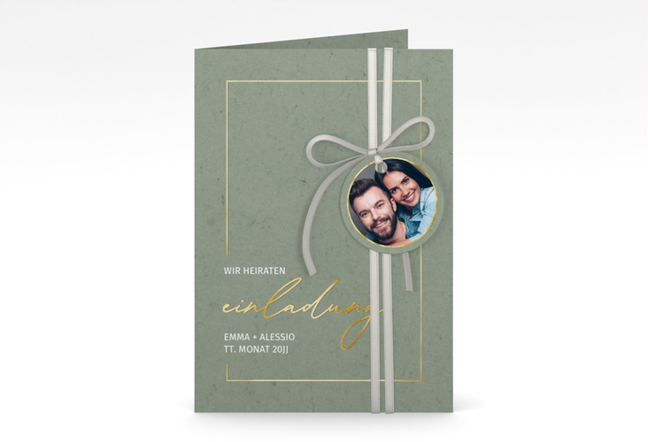 Einladungskarte Hochzeit Simple Line A6 Klappkarte hoch gruen gold