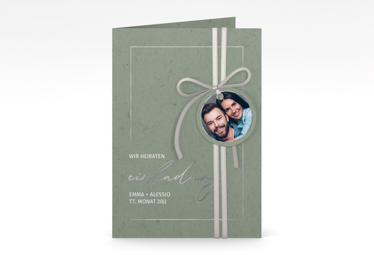 Einladungskarte Hochzeit Simple Line A6 Klappkarte hoch gruen silber
