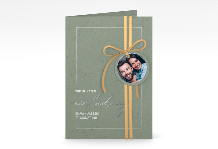 Einladungskarte Hochzeit Simple Line A6 Klappkarte hoch gruen silber