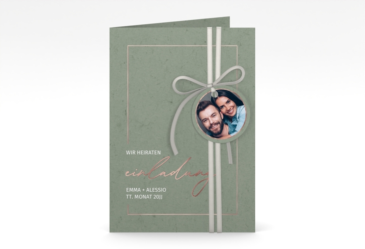 Einladungskarte Hochzeit Simple Line A6 Klappkarte hoch gruen rosegold
