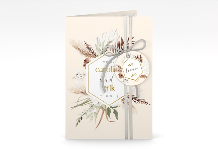 Einladungskarte Hochzeit Bohemian A6 Klappkarte hoch beige gold mit Gräsern und Trockenblumen für Boho-Hochzeit