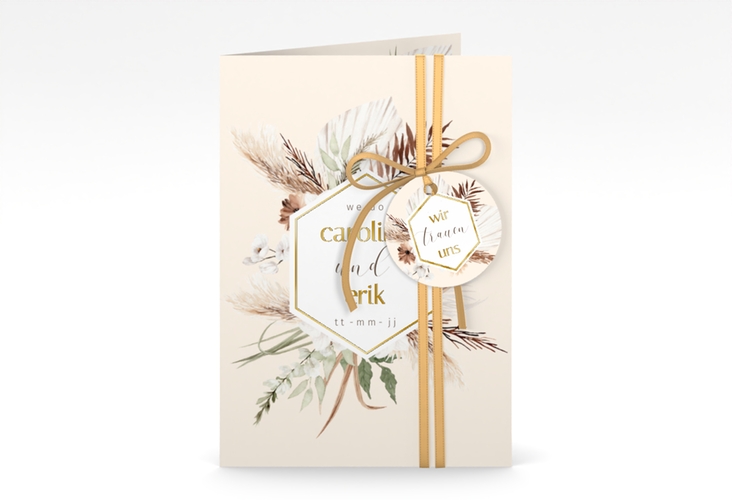 Einladungskarte Hochzeit Bohemian A6 Klappkarte hoch beige gold mit Gräsern und Trockenblumen für Boho-Hochzeit