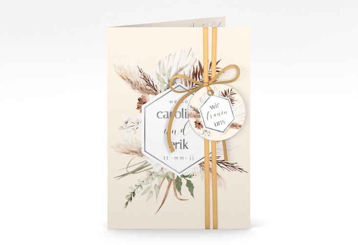Einladungskarte Hochzeit Bohemian A6 Klappkarte hoch beige silber mit Gräsern und Trockenblumen für Boho-Hochzeit