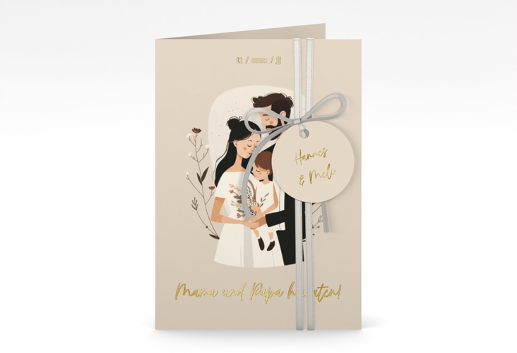 Einladungskarte Hochzeit Familienglück A6 Klappkarte hoch beige gold für Paare mit Kind