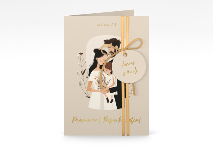 Einladungskarte Hochzeit Familienglück A6 Klappkarte hoch beige gold für Paare mit Kind