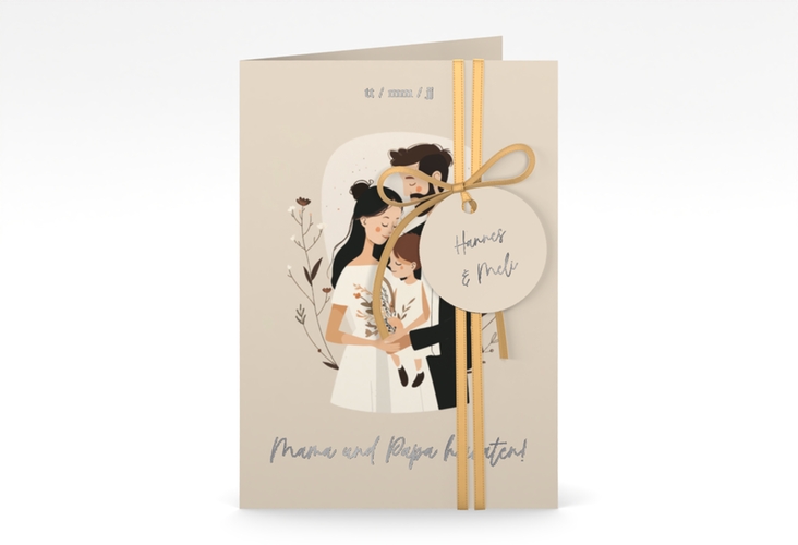 Einladungskarte Hochzeit Familienglück A6 Klappkarte hoch beige silber für Paare mit Kind