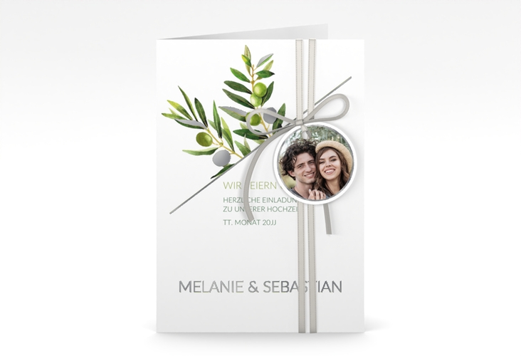 Einladungskarte Hochzeit Olivenzweig A6 Klappkarte hoch weiss silber