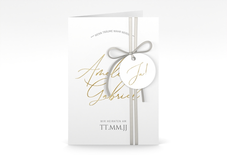 Einladungskarte Hochzeit Federschrift A6 Klappkarte hoch weiss gold in schlichtem Design mit Kalligrafie