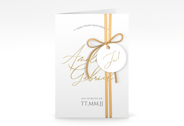Einladungskarte Hochzeit Federschrift A6 Klappkarte hoch weiss gold in schlichtem Design mit Kalligrafie