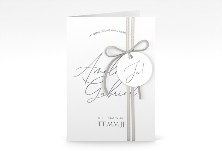 Einladungskarte Hochzeit Federschrift A6 Klappkarte hoch weiss silber in schlichtem Design mit Kalligrafie