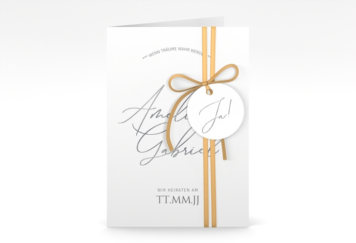 Einladungskarte Hochzeit Federschrift A6 Klappkarte hoch weiss silber in schlichtem Design mit Kalligrafie