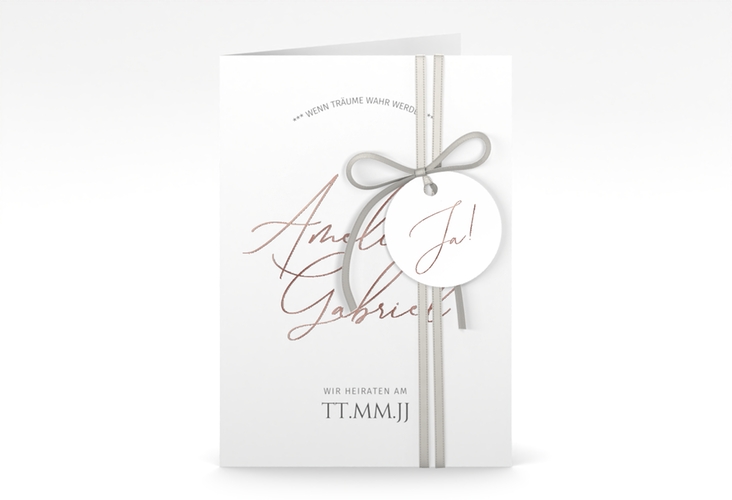 Einladungskarte Hochzeit Federschrift A6 Klappkarte hoch weiss rosegold in schlichtem Design mit Kalligrafie