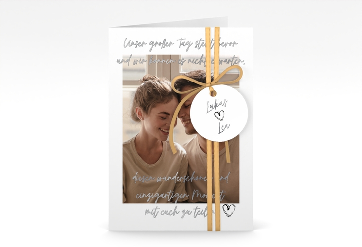 Einladungskarte Hochzeit Liebesbrief A6 Klappkarte hoch weiss silber