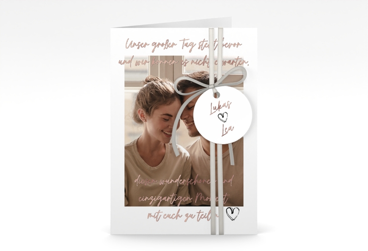 Einladungskarte Hochzeit Liebesbrief A6 Klappkarte hoch weiss rosegold
