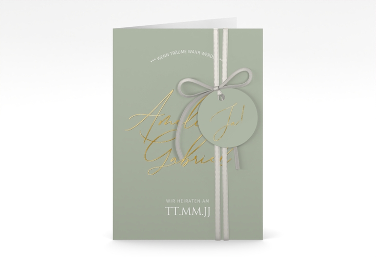 Einladungskarte Hochzeit Federschrift A6 Klappkarte hoch gruen gold in schlichtem Design mit Kalligrafie