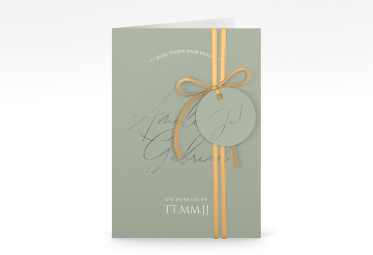 Einladungskarte Hochzeit Federschrift A6 Klappkarte hoch gruen silber in schlichtem Design mit Kalligrafie