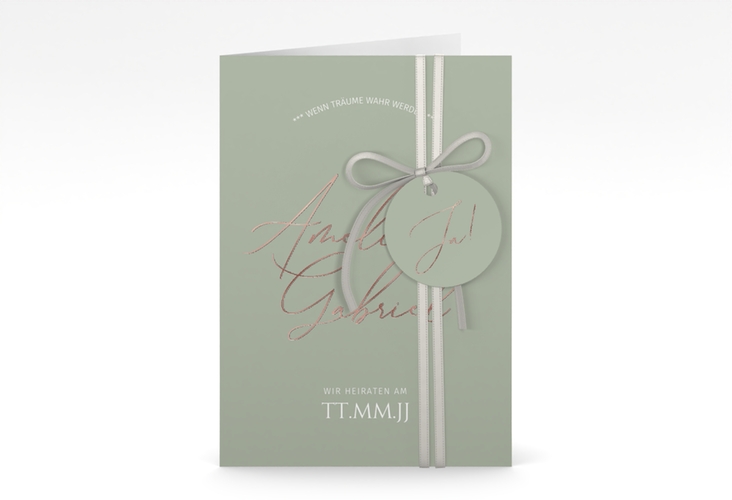 Einladungskarte Hochzeit Federschrift A6 Klappkarte hoch gruen rosegold in schlichtem Design mit Kalligrafie