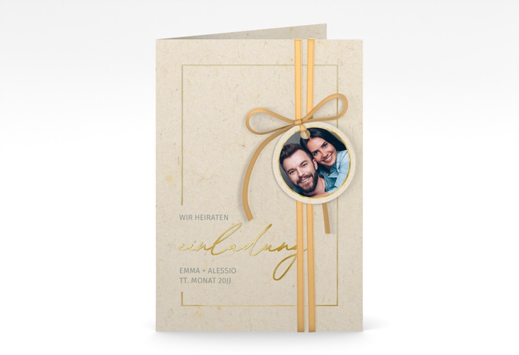 Einladungskarte Hochzeit Simple Line A6 Klappkarte hoch beige gold