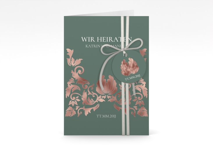 Einladungskarte Hochzeit Royal A6 Klappkarte hoch gruen rosegold mit barockem Blumen-Ornament