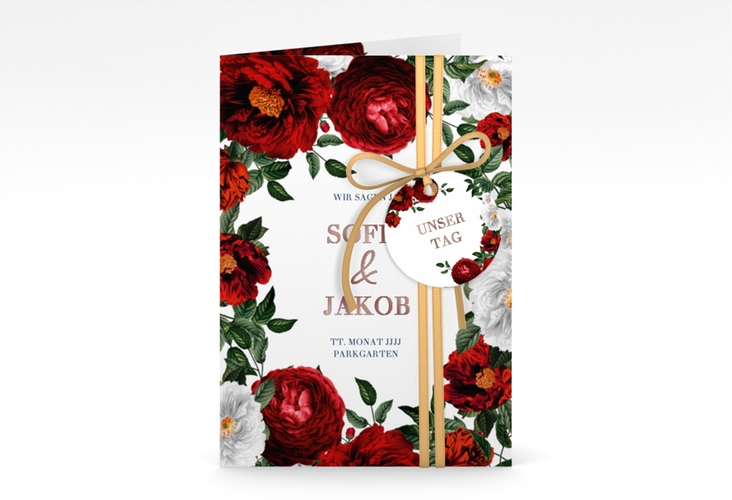 Einladungskarte Hochzeit Florista A6 Klappkarte hoch weiss rosegold
