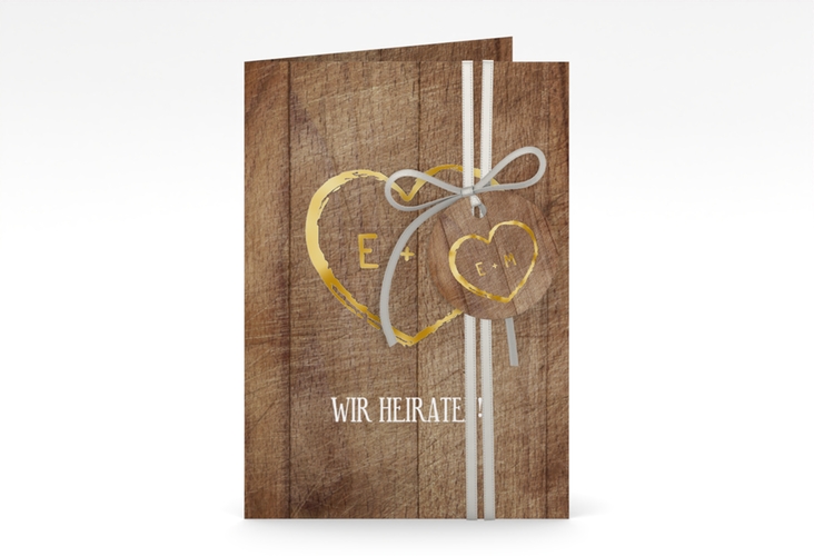 Einladungskarte Hochzeit Wood A6 Klappkarte hoch braun gold