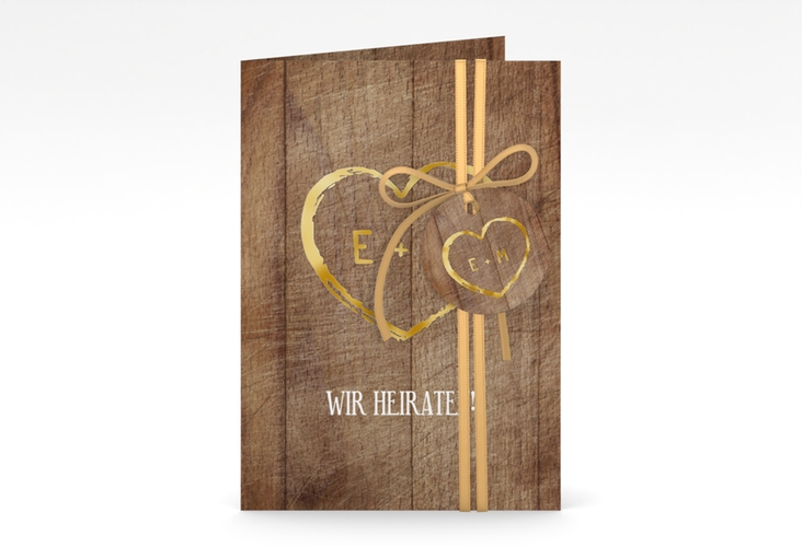 Einladungskarte Hochzeit Wood A6 Klappkarte hoch braun gold