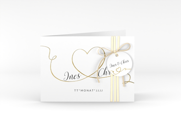 Hochzeitseinladung Dolce A6 Klappkarte quer weiss gold
