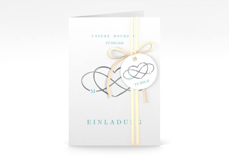 Einladungskarte Hochzeit Infinity A6 Klappkarte hoch tuerkis silber