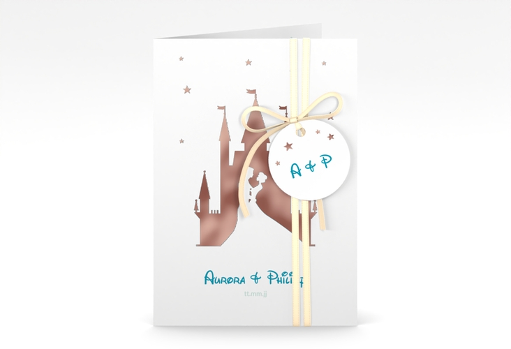 Einladungskarte Hochzeit Castle A6 Klappkarte hoch tuerkis rosegold