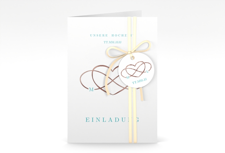 Einladungskarte Hochzeit Infinity A6 Klappkarte hoch tuerkis rosegold