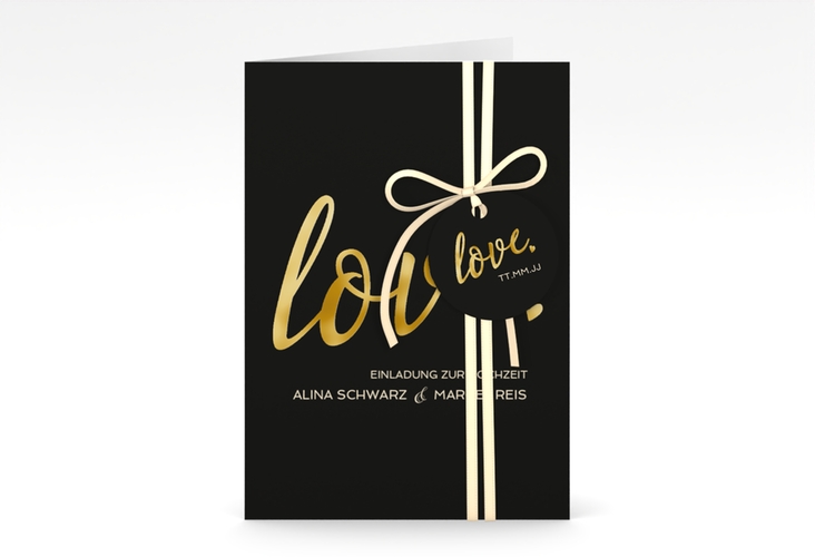 Einladungskarte Hochzeit Glam A6 Klappkarte hoch schwarz gold