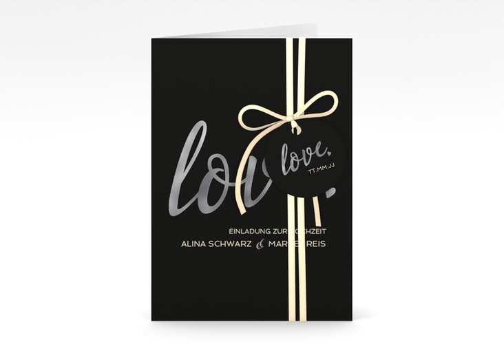 Einladungskarte Hochzeit Glam A6 Klappkarte hoch schwarz silber