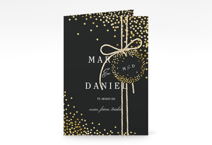 Einladungskarte Hochzeit Glitter A6 Klappkarte hoch schwarz gold