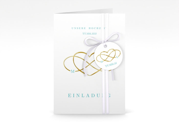 Einladungskarte Hochzeit Infinity A6 Klappkarte hoch tuerkis gold