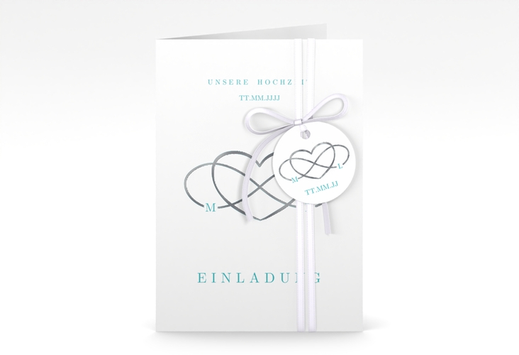 Einladungskarte Hochzeit Infinity A6 Klappkarte hoch tuerkis silber