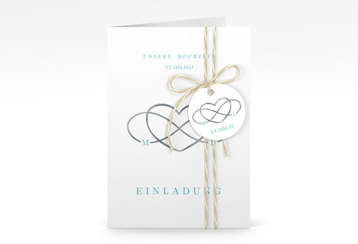 Einladungskarte Hochzeit Infinity A6 Klappkarte hoch tuerkis silber