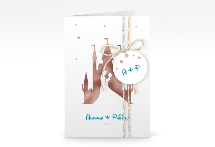 Einladungskarte Hochzeit Castle A6 Klappkarte hoch tuerkis rosegold