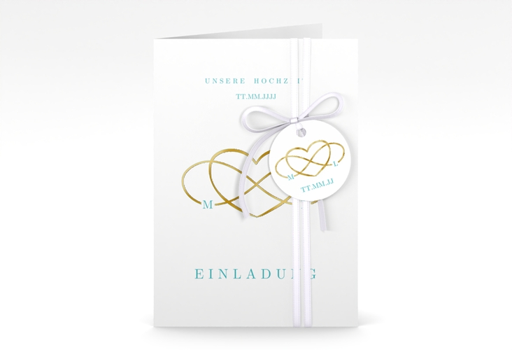Einladungskarte Hochzeit Infinity A6 Klappkarte hoch tuerkis gold