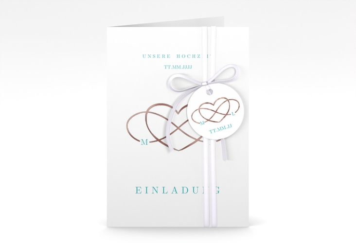 Einladungskarte Hochzeit Infinity A6 Klappkarte hoch tuerkis rosegold