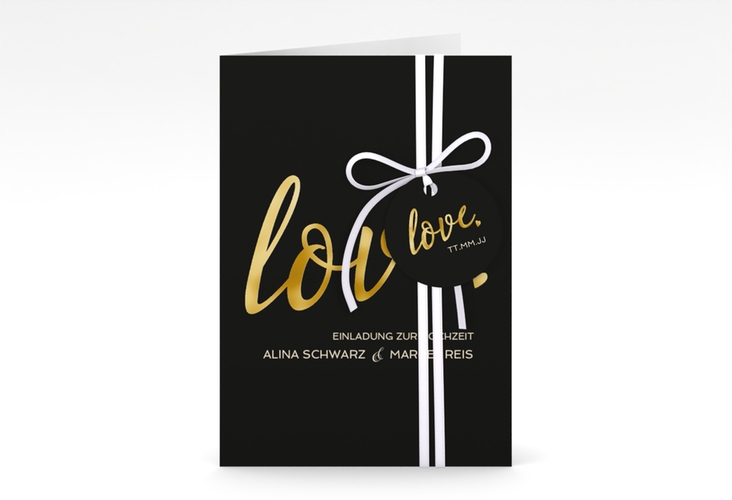 Einladungskarte Hochzeit Glam A6 Klappkarte hoch schwarz gold