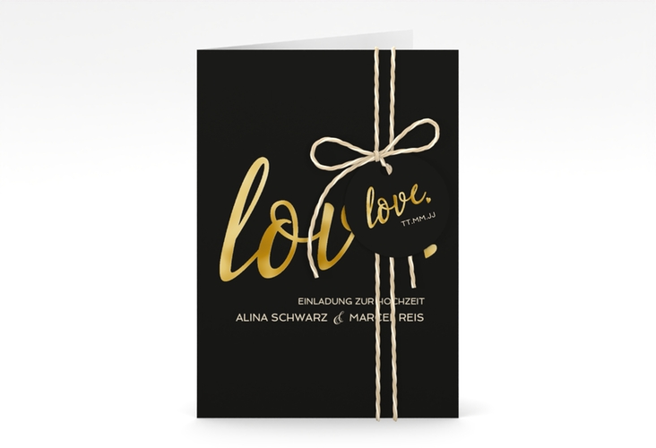 Einladungskarte Hochzeit Glam A6 Klappkarte hoch schwarz gold
