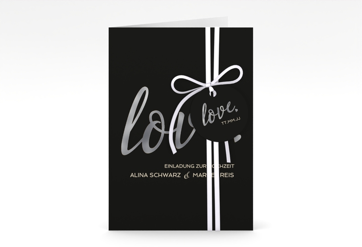Einladungskarte Hochzeit Glam A6 Klappkarte hoch schwarz silber