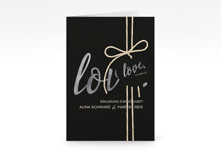 Einladungskarte Hochzeit Glam A6 Klappkarte hoch schwarz silber