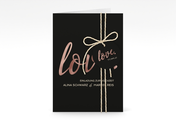 Einladungskarte Hochzeit Glam A6 Klappkarte hoch schwarz rosegold