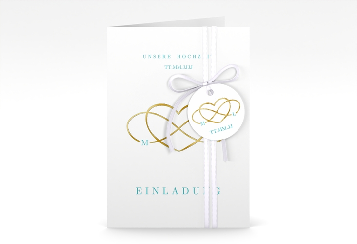 Einladungskarte Hochzeit Infinity A6 Klappkarte hoch tuerkis gold