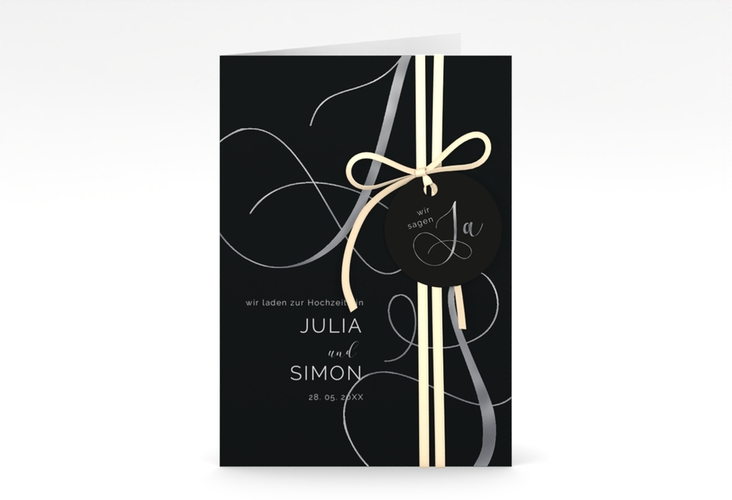 Hochzeitseinladung Eheschließung A6 Klappkarte hoch schwarz silber mit Gräsern und Trockenblumen für Boho-Hochzeit